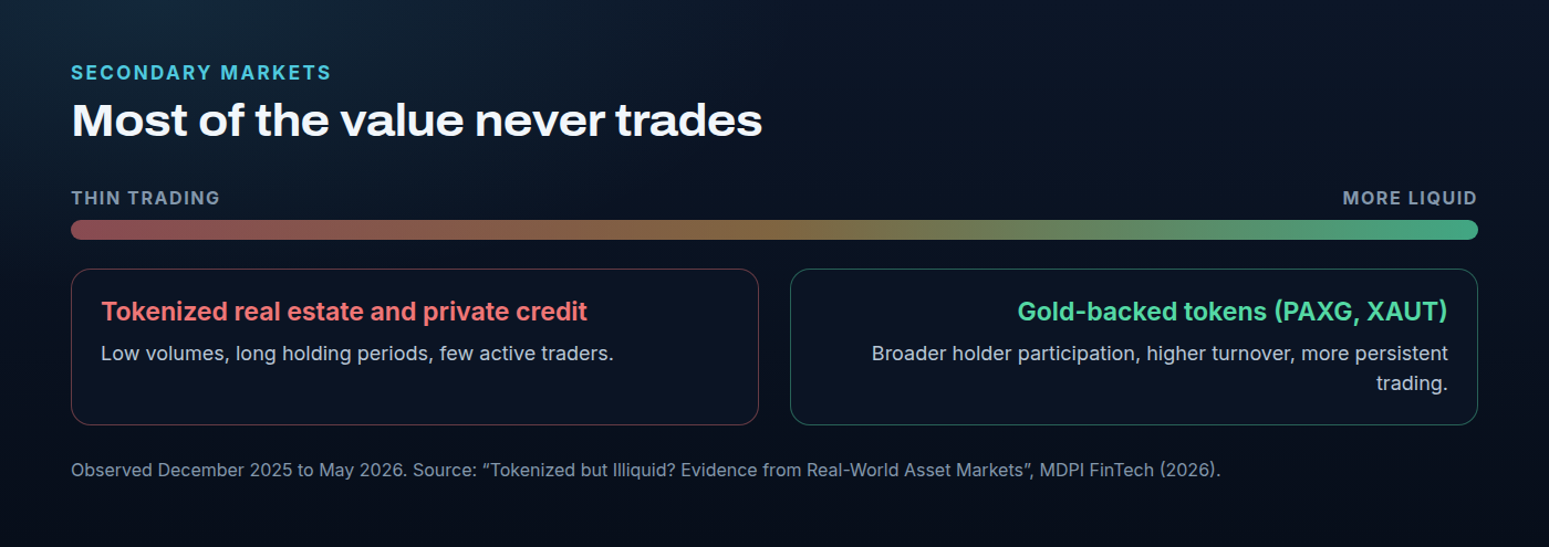 A horizontal scale of observed secondary-market liquidity in tokenized assets. At the more liquid end: gold-backed tokens such as PAXG and XAUT, with broader holder participation and more persistent trading. At the thin end: tokenized real estate and private credit, with low volumes, long holding periods and limited participation.
